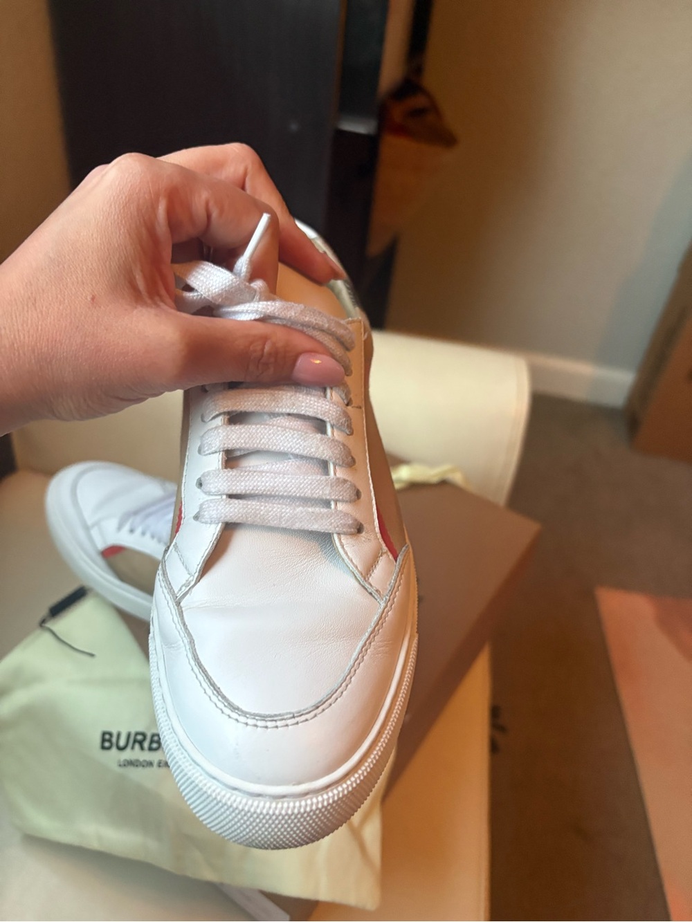 Burberry White Leather Sneakers with Pink Side Stripe